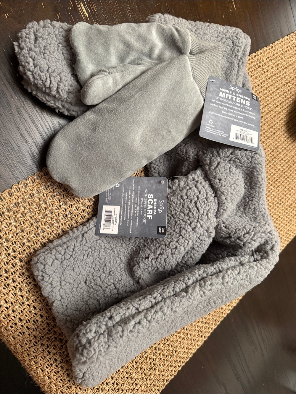 Brand New Sprigs Sherpa Scarf & Mitten Set in Grey